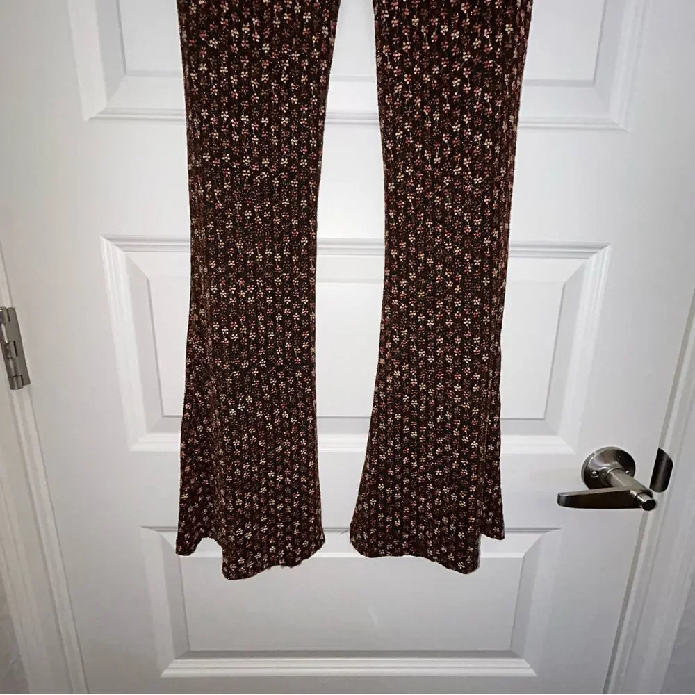 Free People Metallic Floral Embroidered Flare Pull On Pants